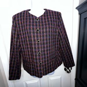 Vtg Modiano Women’s 10 100% Wool Black Multicolor Plaid Tweed Blazer Jacket M